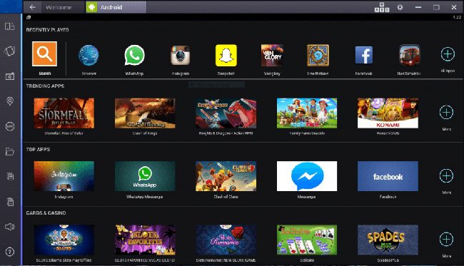 Giao diện của ứng dụng chơi game Android trên máy tính BlueStacks Giao diện của ứng dụng chơi game Android trên máy tính BlueStacks